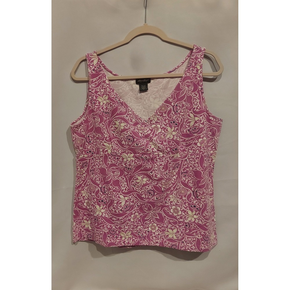 Eddie Bauer Womens Pima Cotton Lavender Floral V-Neck Babydoll Tank Top Size XL